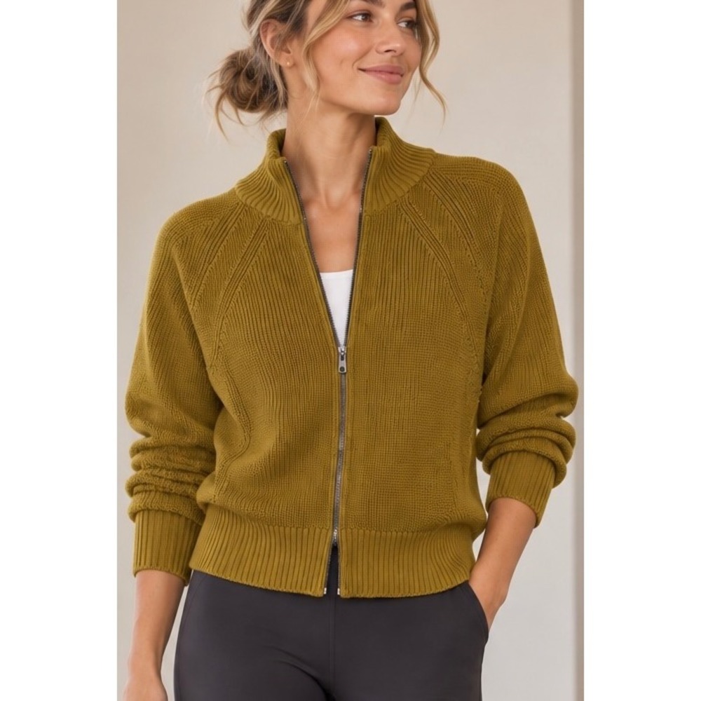 Athleta Mustard Yellow Merino Wool Blend Full Zip Sweater M Ribbed Mock Neck